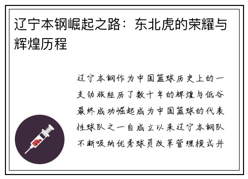 辽宁本钢崛起之路：东北虎的荣耀与辉煌历程